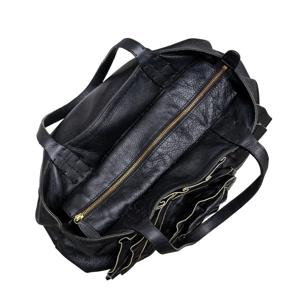Valentino Garavani Black Pebbled Leather Rosette Flower Tote Bag Shoulder Bag